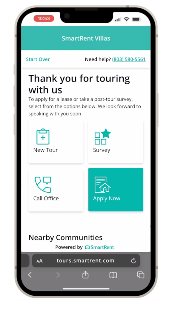 A mobile screen displays a message thanking a visitor for a property tour and asking for feedback.