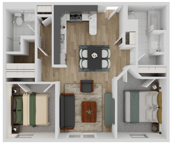 Floor Plan  A floor plan of a house with a kitchen, living room, and two bedrooms.