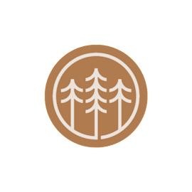 A black and white image of a circular logo with trees and a cross in the center.