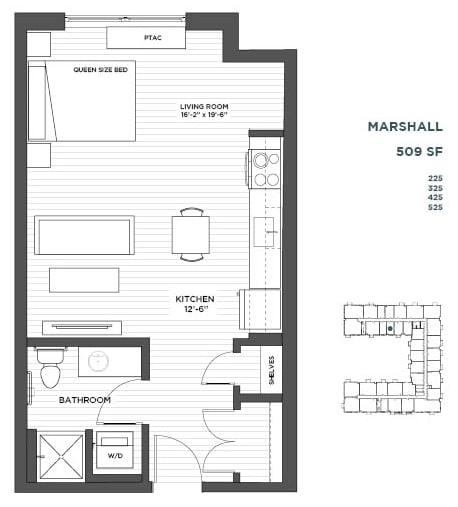 Marshall Studio Floor Plan at The Hill Apartments