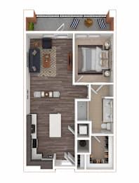 A floor plan of a small apartment with a living room, kitchen, and bedroom.