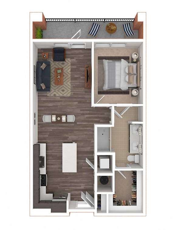 A floor plan of a small apartment with a living room, kitchen, and bedroom.