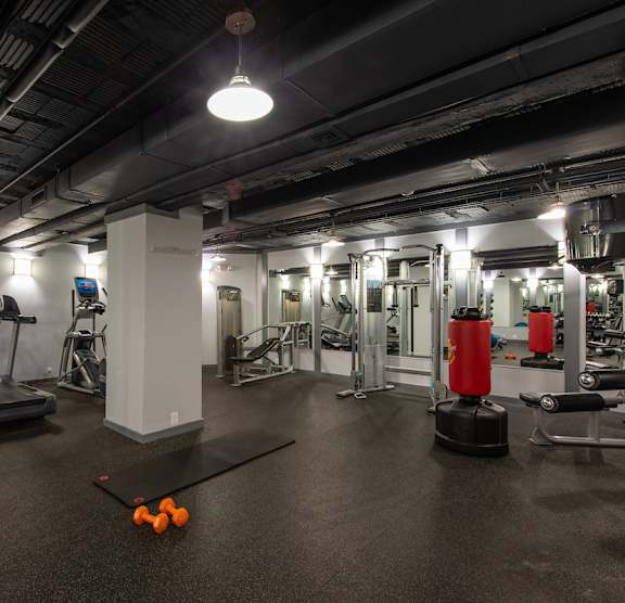 A gym with a variety of equipment including a squat rack, a bench press, and a barbell. at Columbia Uptown Apartments, Washington, 20009