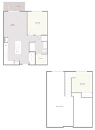 A floor plan of a house with a balcony, living room, dining room, kitchen, and two bathrooms.