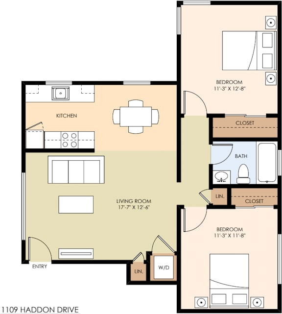 A floor plan of a 119 square meter apartment with a living room, kitchen, dining room, and two bedrooms.