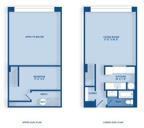 two plans of an open floor plan with a bedroom and a living room