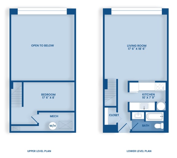 two plans of an open floor plan with a bedroom and a living room