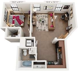 1 Bed 1 Bath Floor Plan | 602 Sq. Ft. at Mayton Transfer Lofts in Virginia 23803