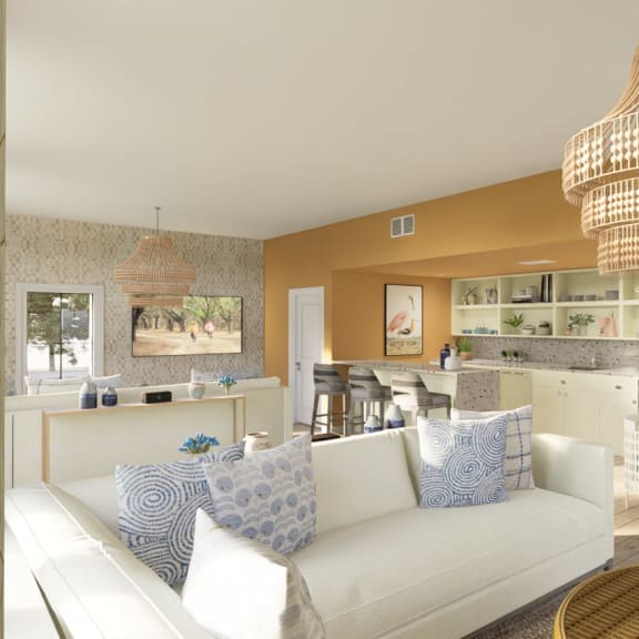 a living room filled with furniture and a large chandelier