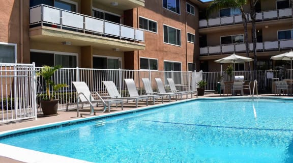 community pool and lounge chairs