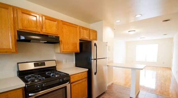 kitchen with stainless steel appliances, wooden cabinets and tiles floors