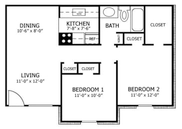 A floor plan of a small apartment with a living room, kitchen, dining room, and two bedrooms.