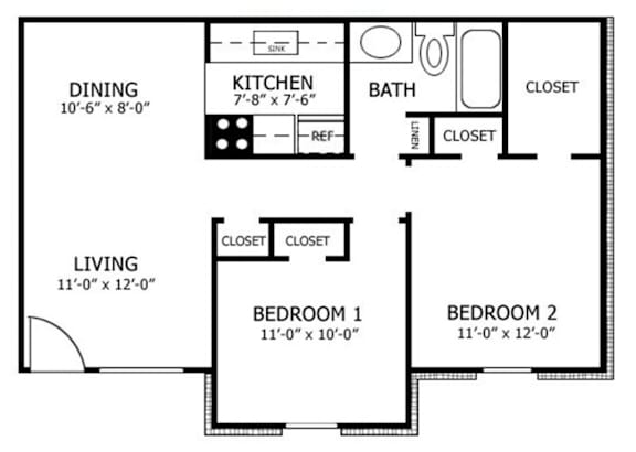 A floor plan of a small apartment with a living room, kitchen, dining room, and two bedrooms.