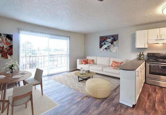 The Groove Apartments Model Living Room, Dining Room, and Kitchen