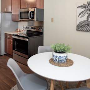 A kitchen with a table and chairs and a plant on it.