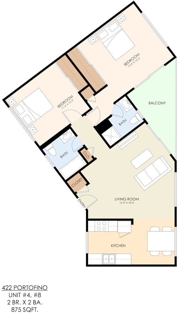 A floor plan of a 422 Portofino unit, showing a living room, dining room, kitchen, and two bedrooms.