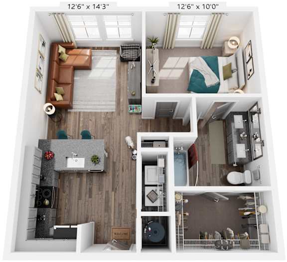 1 Bed 1 Bath Floor Plan | 754 Sq. Ft. at Livingston Flats Apartments, Chesterfield, Virginia, 23832