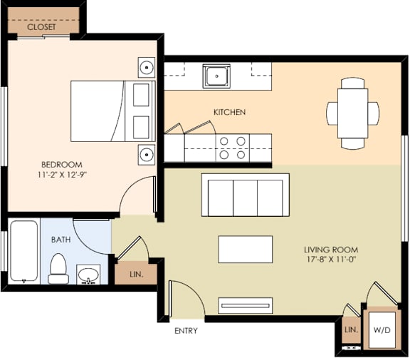 A floor plan of a 1111 square foot studio apartment with a kitchen, living room, and bedroom.