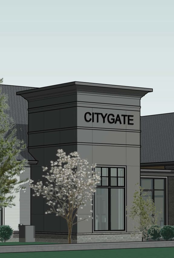 a rendering of a cityite building with trees in front of it