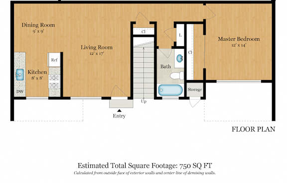 A floor plan of a house with a total estimated square footage of 905.