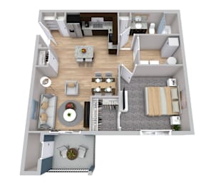A top-down view of a small apartment with a kitchen, living room, and bathroom.