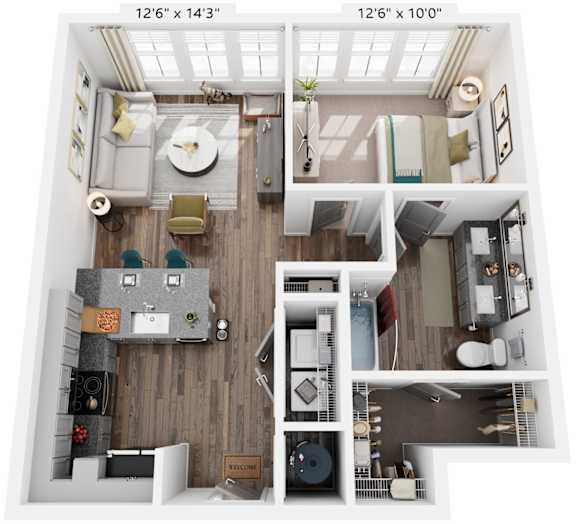 1 Bed 1 Bath Floor Plan | 688 Sq. Ft. at Livingston Flats Apartments, Chesterfield, VA
