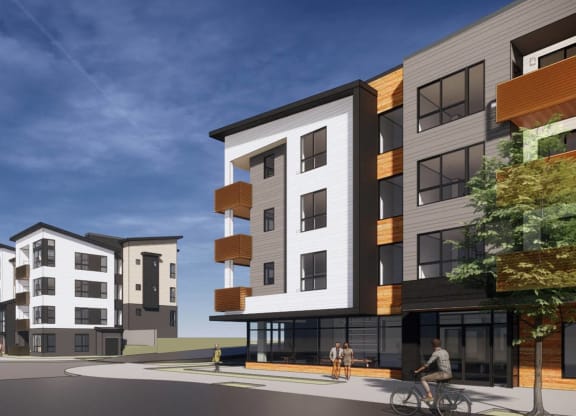 a rendering of an apartment building on the corner of a street