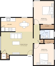 A floor plan of a 1129 square foot one bedroom apartment.