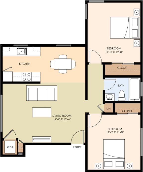 A floor plan of a 1129 square foot one bedroom apartment.