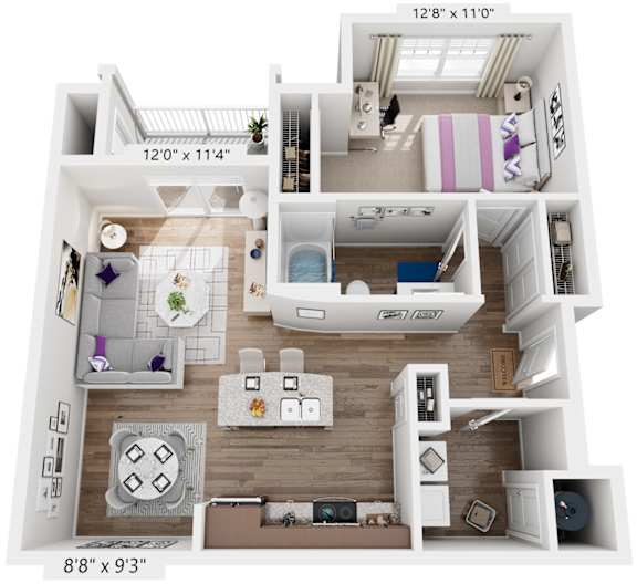 1 Bed 1 Bath Floor Plan | 860 Sq. Ft. at Sapphire at Centerpointe, Midlothian, Virginia, 23114