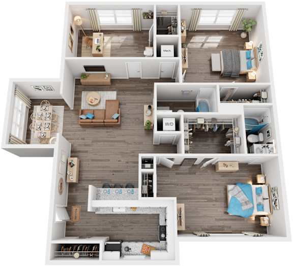 Floor Plan  3 Bed 2 Bath Floor Plan | 1,145 Sq. Ft. at Trails at Short Pump Apartments in Richmond, VA, 23233