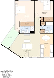A floor plan of a 2 bedroom, 2 bathroom apartment with a living room and balcony.