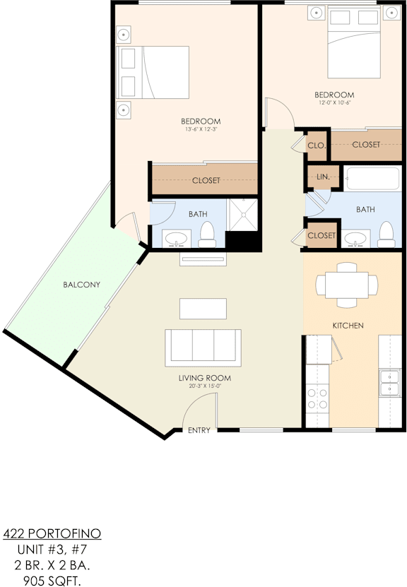 A floor plan of a 2 bedroom, 2 bathroom apartment with a living room and balcony.
