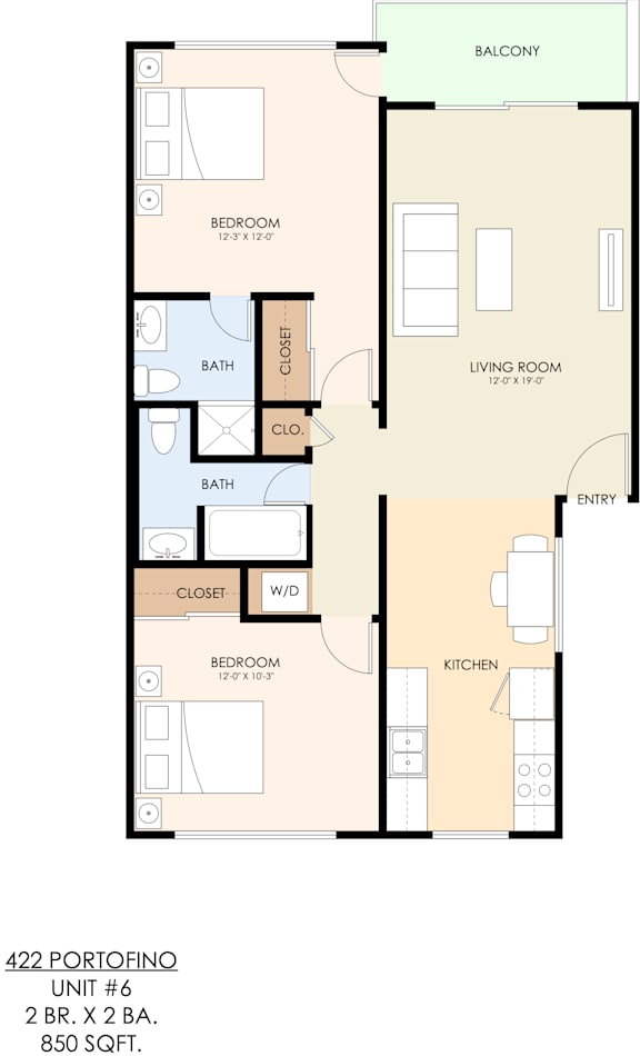 A floor plan of an apartment with a living room, two bedrooms, a bathroom, a balcony, and a kitchen.