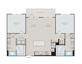 A floor plan of a house with a living room, dining room, kitchen, and two bathrooms.