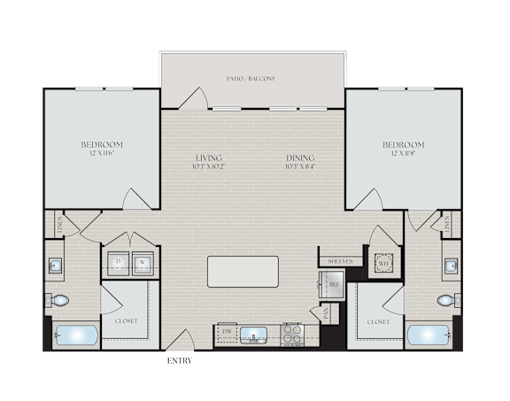 A floor plan of a house with a living room, dining room, kitchen, and two bathrooms.