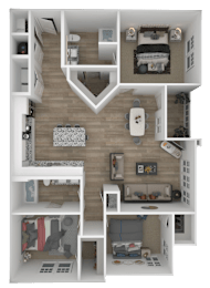 A dollhouse with a white and brown color scheme is displayed.