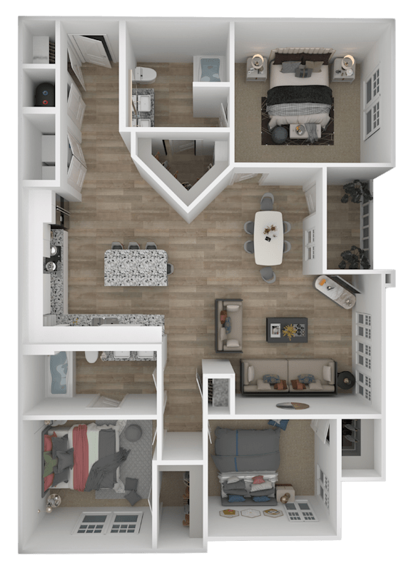 A dollhouse with a white and brown color scheme is displayed.