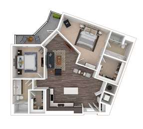 A floor plan of a house with a living room, kitchen, and two bedrooms.
