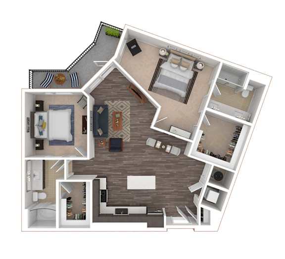 A floor plan of a house with a living room, kitchen, and two bedrooms.