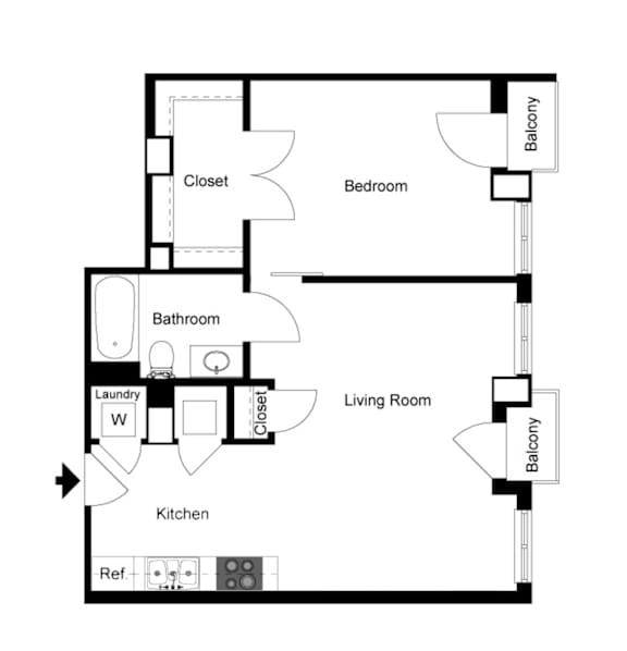 Floor Plan  A floor plan of a home with a living room, kitchen, and two bedrooms.