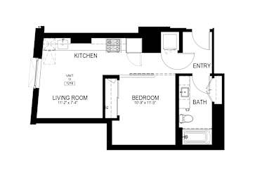 A black and white image of a floor plan for an apartment.