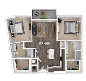 A floor plan of a house with a kitchen, living room, dining room, and bathrooms.
