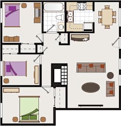 A floor plan of a hibiscus with 3 bedrooms and 1 bathroom.