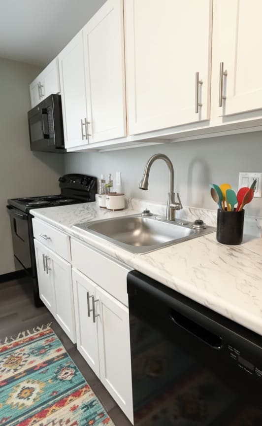 A kitchen with a black dishwasher and white cabinets. at Highview Manor Apartments, New York, 14450