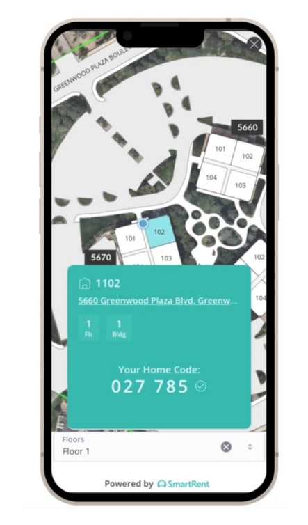 A smartphone screen displays a map with directions to Unit 304.