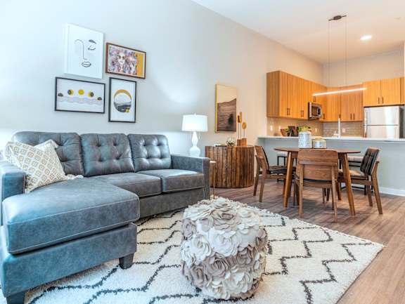 A grey sofa with a white pillow is in the middle of a room with a wooden table and chairs. at The Hive Apartments, Allentown, PA, 18101