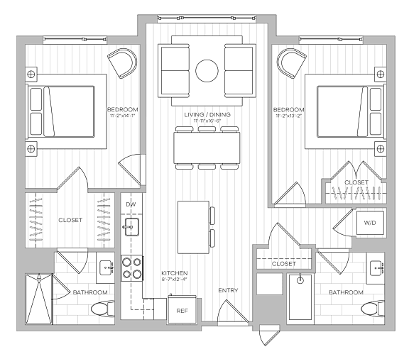 A floor plan of a building with multiple rooms and corridors.