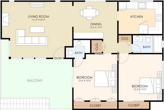 A floor plan of a 1280 square foot unit with three bedrooms and two bathrooms.