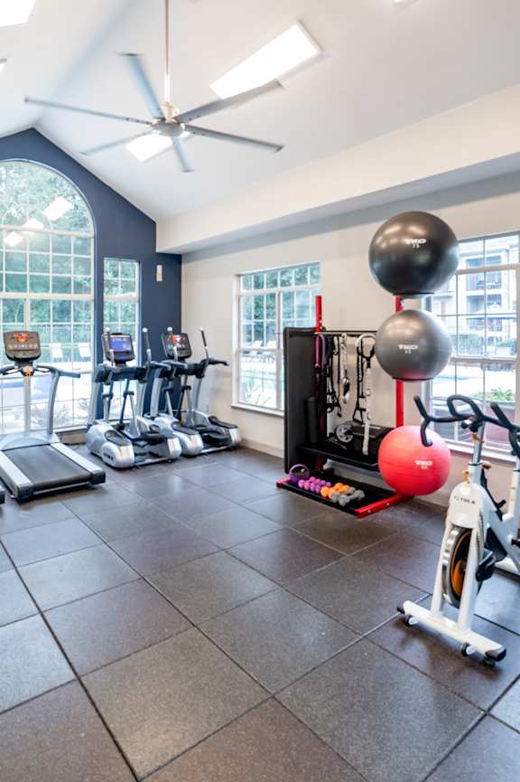 A row of treadmills are lined up in a gym. at Inkwell Greenhouse, Houston, 77084